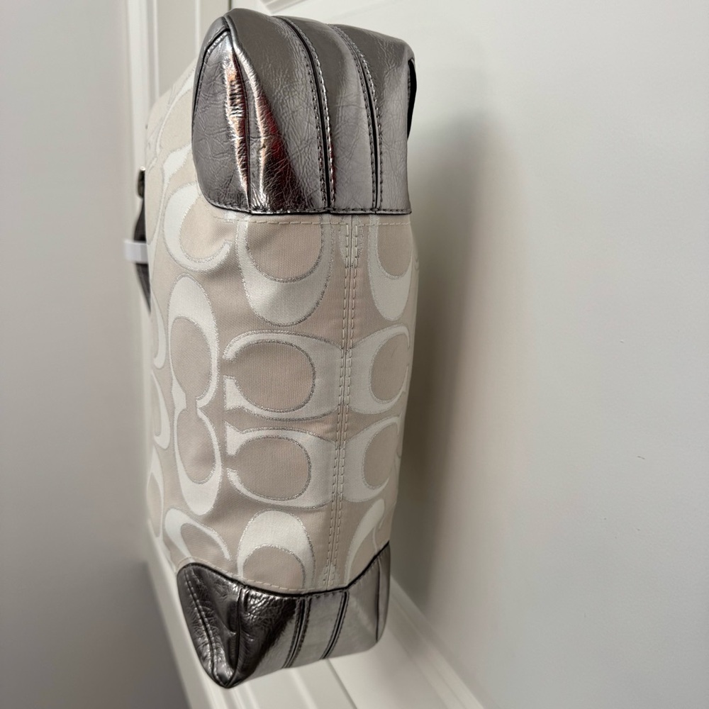 Coach Peyton White Canvas C Monogram Metallic Silver Leather Hobo Bag - Picture 5 of 5